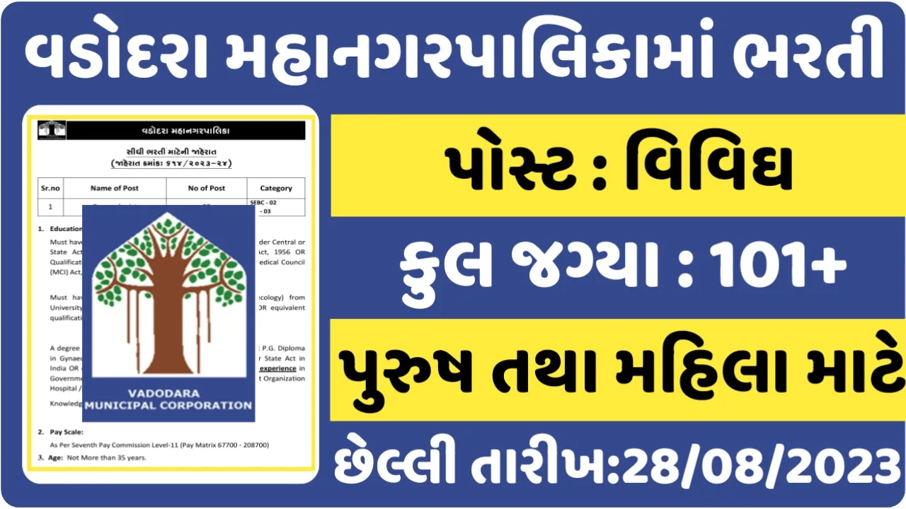 VMC Recruitment 2023:વડોદરા મહાનગરપાલિકામાં ભરતી