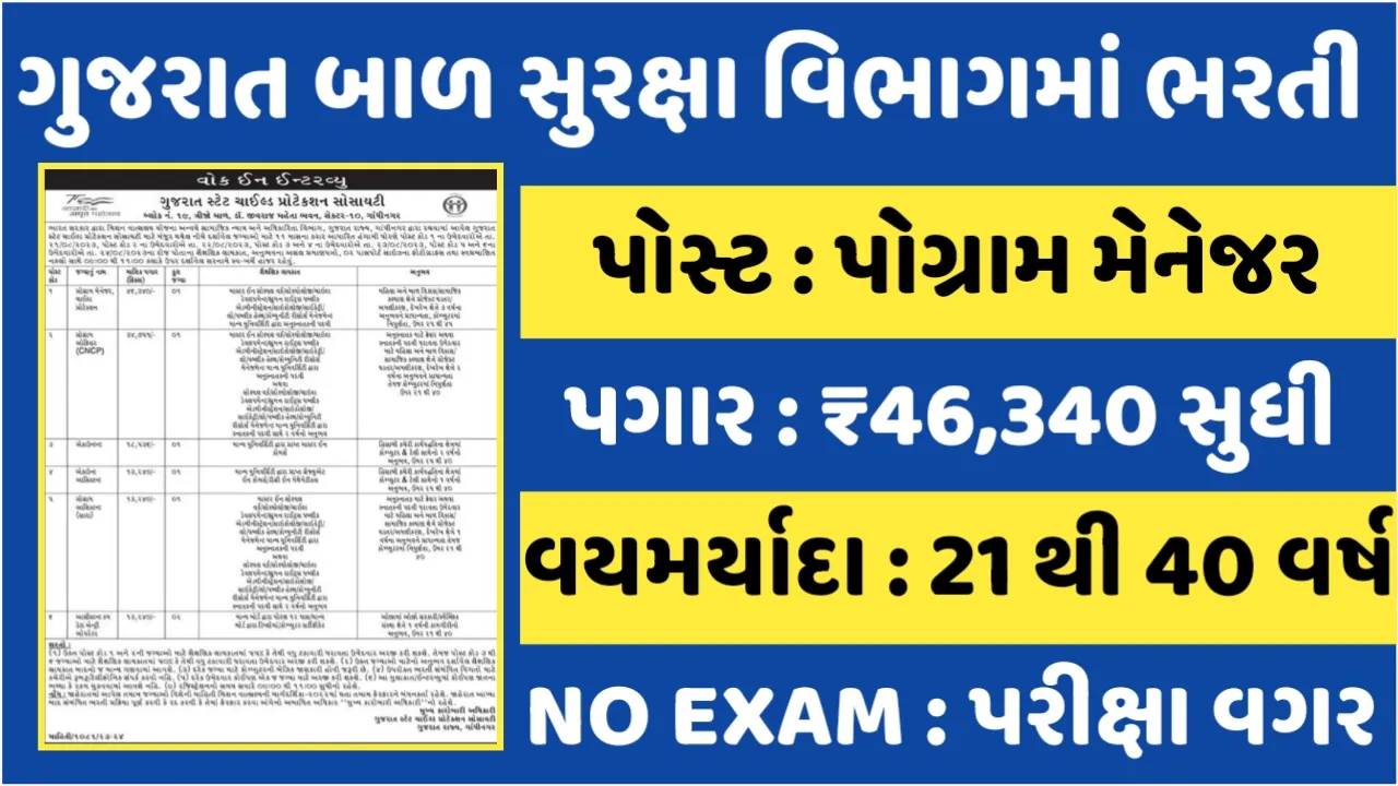 Child Protection Society Recruitment:ગુજરાત રાજ્ય બાળ સુરક્ષા વિભાગમાં પરીક્ષા વગર નોકરી મેળવવાની તક