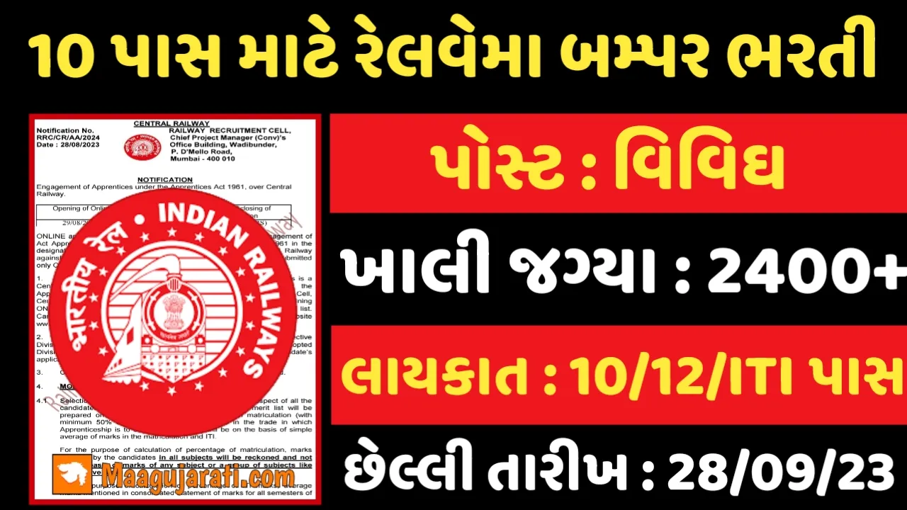 10th Pass Railway Recruitment:10 પાસ માટે રેલવેમાં 2400+ જગ્યાઓ પર પરીક્ષા વગર સીધી ભરતી