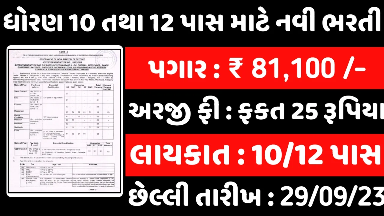 10th 12th Pass Govt Job 2023ધોરણ 1012 પાસ માટે નોકરી મેળવવાની સુવર્ણ તક